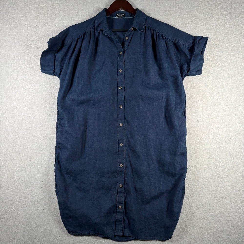 J.Crew Baird McNutt Irish‎ Linen Shirt Dress Navy Blue Short Sleeve AY623 Small
